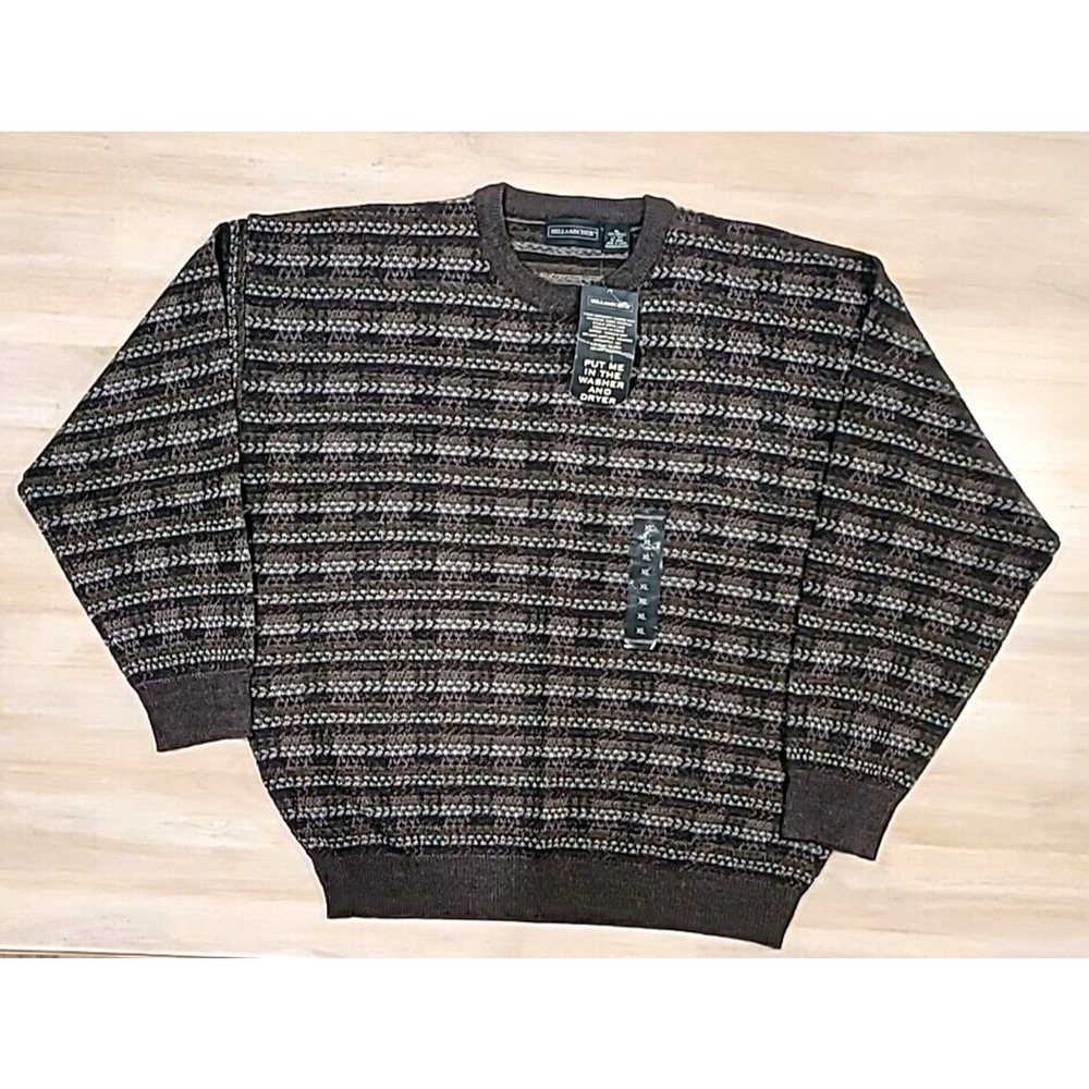 Hill & Archer Mens XL Crewneck Sweater Lightweight Acrylic Brown Cuffs & Stripes